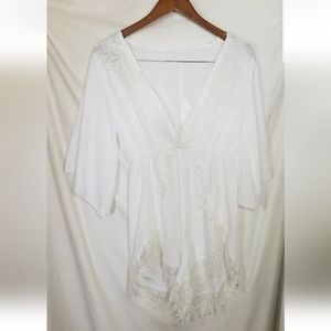 White Lace Trimmed Sheer Romper Size Large One Piece Cover Up